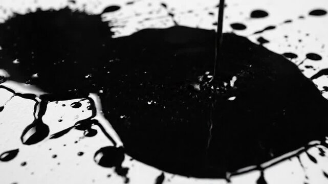 Black ink splatters and blots on a white surface abstract artistic composition