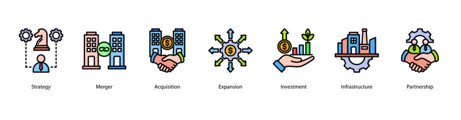 Business Expansion web banner icon vector illustration featuring Strategy, Merger, Acquisition, Expansion, Investment, Infrastructure, and Partnership.