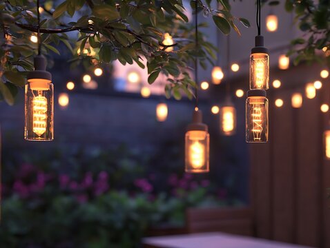 Hanging decorative lights creating cozy illumination at dusk in a garden setting
