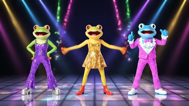 Three Fun Frogs Dancing on a Disco Floor with Colorful Lights and a Party Atmosphere