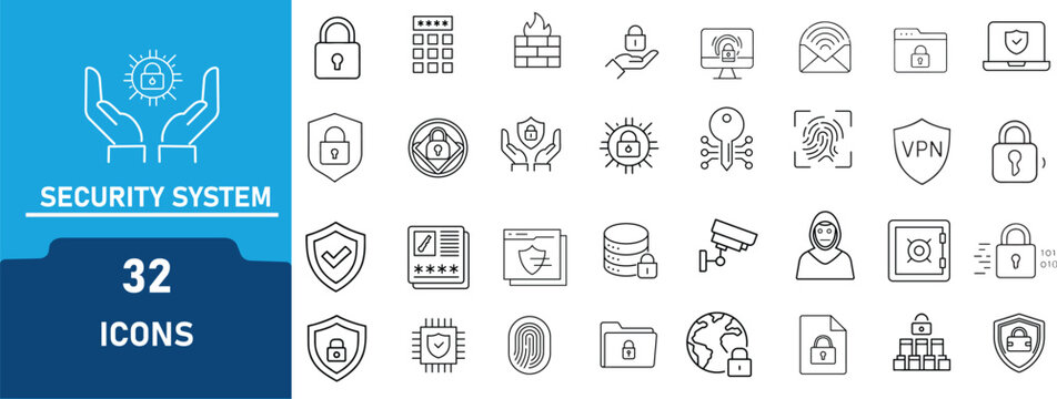 Security line art icon set.Contains icon related to cctv,key, syber security, password,vpn and more.Outline Icon Collection. Vector illustration