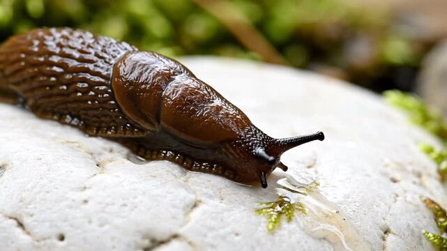 A close-up view of a brown slug crawling on a white rock, with slime visible