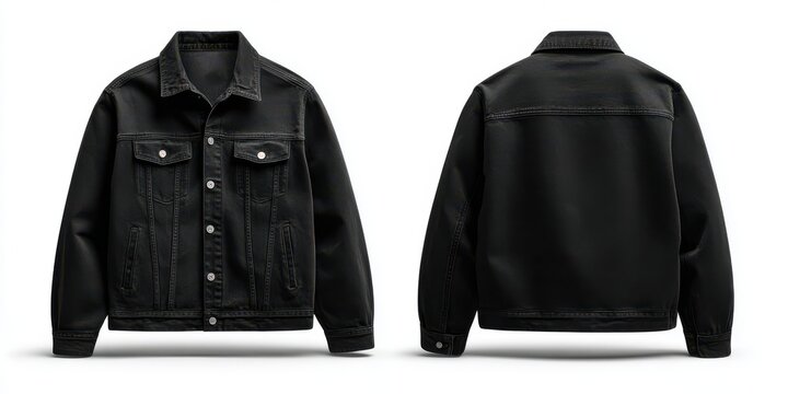 Black denim jacket front and back view isolated on white background