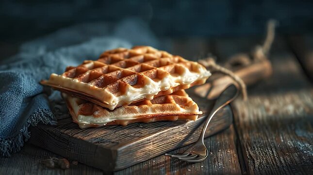A stack of golden-brown waffles, slightly steaming, sits on a rustic wooden board.  A fork and cloth adds to the inviting breakfast scene