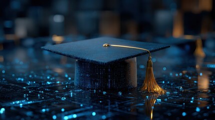 Digital Graduation Cap with Gold Tassel on Futuristic Technology Circuit Board Background Representing Online Education and EdTech Concept