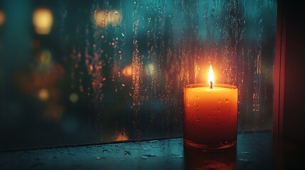 Warmth against the storm: a luminous candle casts a glow on a rainy night