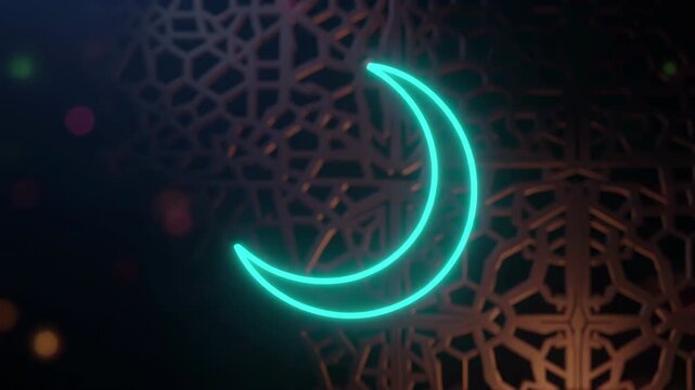 Glowing neon crescent moon symbol against dark Islamic geometric pattern background for Ramadan and Eid celebration