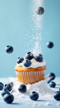 A fresh blueberry muffin with icing slowly falls onto a table dusted with powdered sugar.