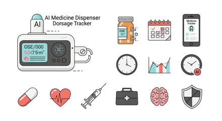 AI Medicine Dispenser Dosage Tracker with Medical and Health Icons.
