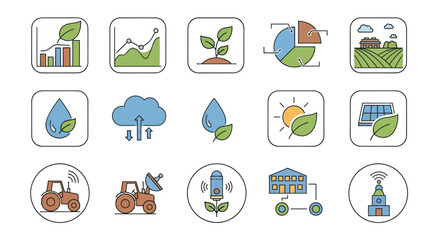 Smart Agriculture and Sustainable Farming Icon Set with Plants Data and Technology.