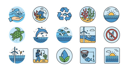 Vibrant Ocean and Environmental Protection Icons Set.