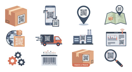 Various Barcode Icons Representing Tracking and Logistics Processes.