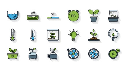 A colorful collection of vector icons representing hydroponic systems and smart farming equipment.