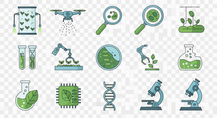 Collection of Science and Technology Icons Green and Blue Illustrations.