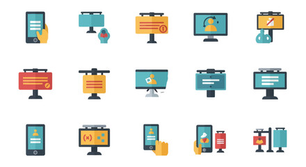 Collection of Colorful Digital Screens and Advertising Displays Icons.