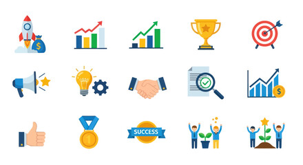 Vibrant Flat Design Icons Set for Business Startup Success and Growth Concepts.