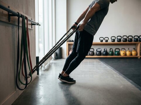 Athletic Man Training with Resistance Bands in Modern Fitness Studio Interior