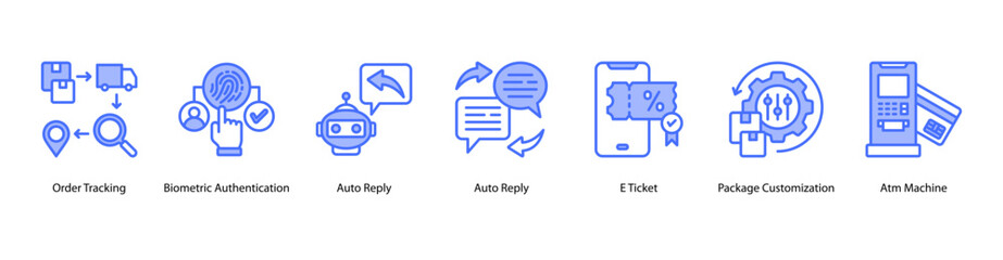 Fototapeta premium Secure Digital Access web banner icon vector illustration featuring Order Tracking, Biometric Authentication, Auto Reply, Auto Reply, E Ticket, Package Customization, and Atm Machine.