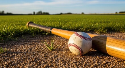 Baseball and Bat Resting on Dirt Field.