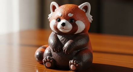 Cute Red Panda Figurine on Wooden Table.