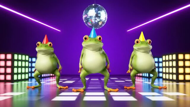 Three frogs wearing party hats and dancing under a disco ball in a vibrant, neon-lit club