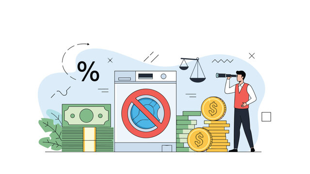Businessman using a telescope to investigate financial crimes like money laundering represented by a washing machine and stacks of cash coins.