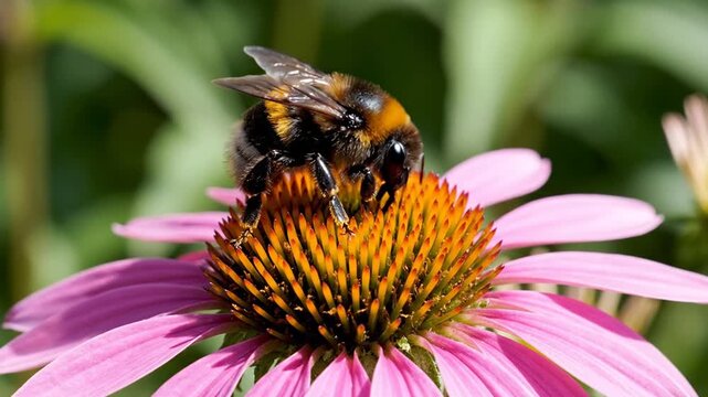 A close-up view of a bumblebee on a pink and orange flower, with green blurry background