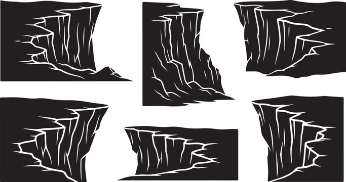 Collection of black cliff side illustrations with white outlines