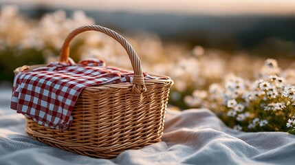 Obraz premium Wicker picnic basket with red checkered cloth in a field of daisies. Rustic outdoor scene at sunset during golden hour. Summer picnic concept on a blanket in nature