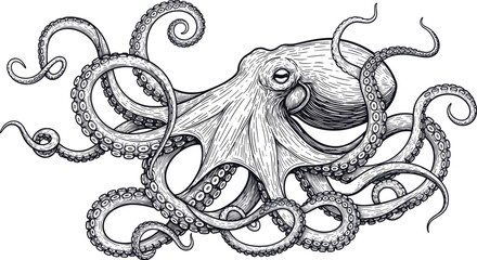 Detailed black and white octopus illustration with intricate line work, curling tentacles, realistic anatomy, and artistic marine design for educational, biological, and creative projects © IconicCreations