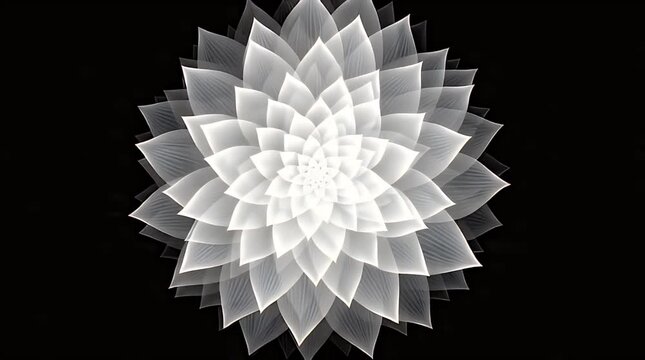 White lotus flower with semi-transparent petals on black background creates an abstract, symmetrical floral pattern