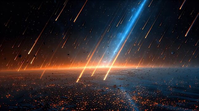 A view of meteors streaking towards a planet, with a blue beam shining through from outer space