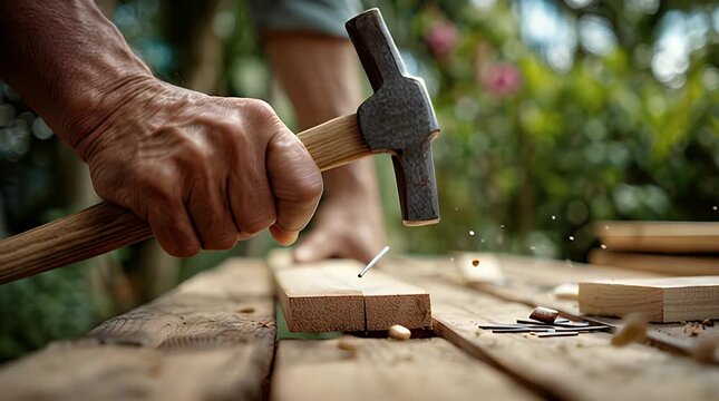 Close-up of a hand using a hammer to drive a nail into a wooden board, with wood shavings and a blurred background