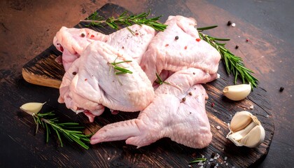 Fresh Raw Chicken Thighs with Rosemary and Garlic on a Wooden Board