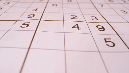CLOSE UP, BOKEH: Detailed view of grid and numbers in sudoku number puzzle