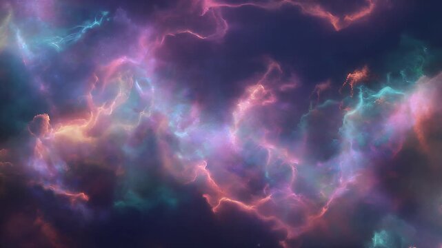 Wide cinematic pan of vibrant iridescent swirling abstract clouds and glowing ethereal fog with complex layered textures