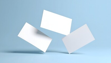 Dynamic Arrangement of Three Blank White Business Cards Floating in Mid-Air for Professional Branding Mockup