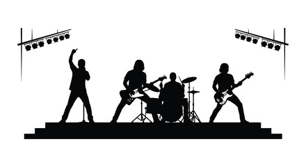 A dynamic band performs energetically on a stage bathed in bright spotlights captured as a striking silhouette © Jahid