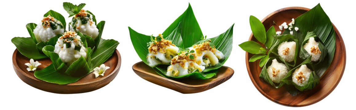 Saksak sago dumplings with banana and coconut, steamed in green banana leaves, isolated on white transparent background