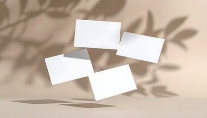 Minimalist White Business Cards Levitating with Soft Leaf Shadows