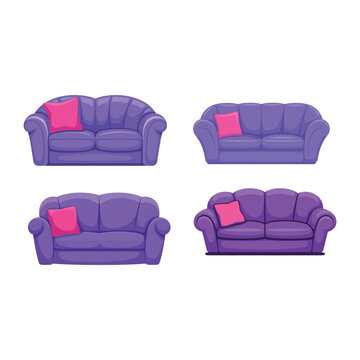 Cute Purple Couch Vector Illustration Modern Furniture Cartoon Style