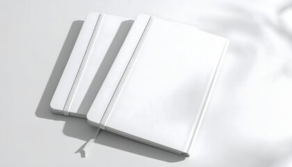 Blank Notebook with Ribbon Bookmark on White Surface.