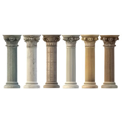 Six Ancient Greek Corinthian Columns in Various Materials isolated on a transparent background
