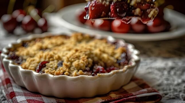 Close-up of a cherry crumble with a golden, crumbly topping being served from a white, fluted dish, resting on a checkered cloth
