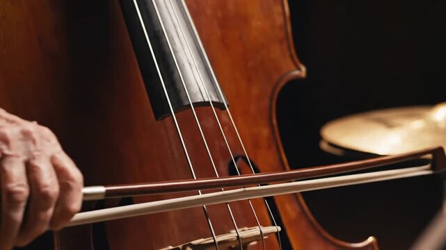 Close up of a cello being played with bow against dark background