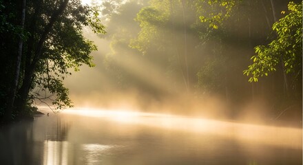 Fototapeta premium Beautiful misty forest river with golden sun beams shining through green trees. Morning nature landscape background with fog at sunrise.
