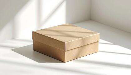 Clean Minimalist Light Brown Cardboard Gift Box with Lid Casting Soft Shadows on a Bright White Surface