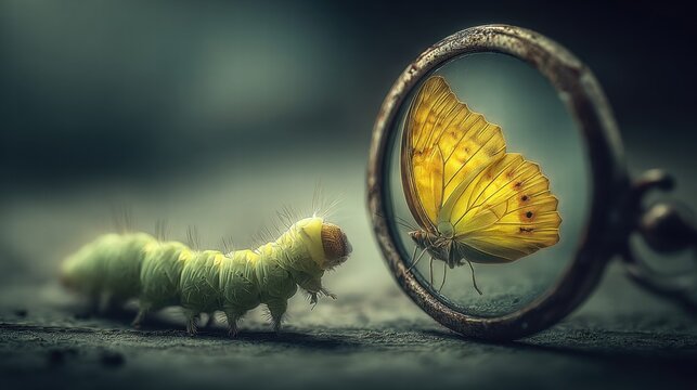 A caterpillar gazes at its butterfly reflection, exploring transformation and self-perception.