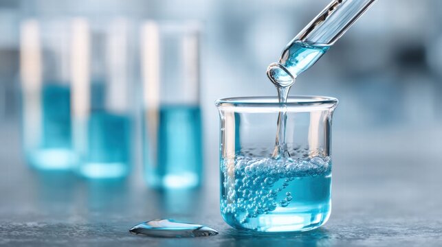 Laboratory experiment with blue liquid being poured into a beaker