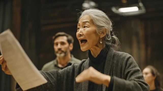 Experienced Asian woman directing a scene. Senior actress thoughtfully reviewing scripts during rehearsal. Creative collaboration and guidance on a film set. Drama, vintage aesthetics, diverse team.
